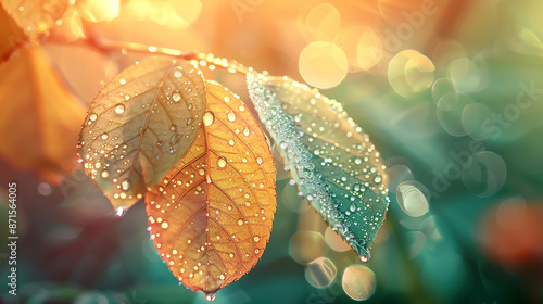 Showcase the serene beauty of nature with a macro lens at sunrise, capturing the intricate details of dewdrops on leaves in a calm and ethereal style. Generative AI