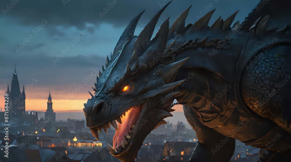 Fototapeta premium a dragon that is standing on a ledge in the city