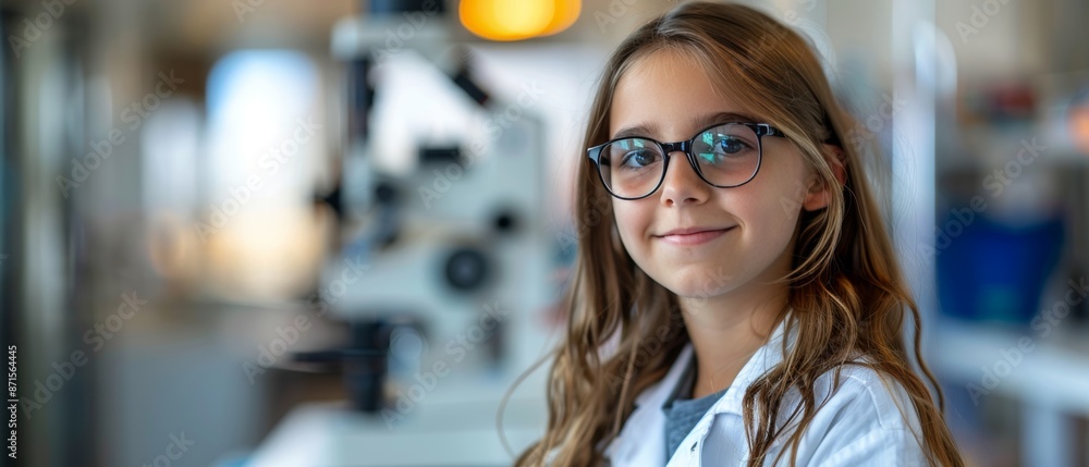 Young girl in lab coat smiles while looking at the camera. A microscope is blurred in the background. Young girl in lab coat smiles while looking at the camera. A microscope is blurred in the background.