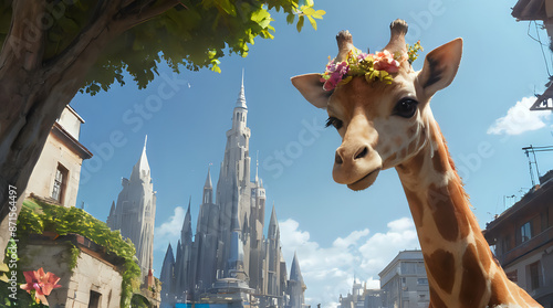 a giraffe with a flower crown on its head photo