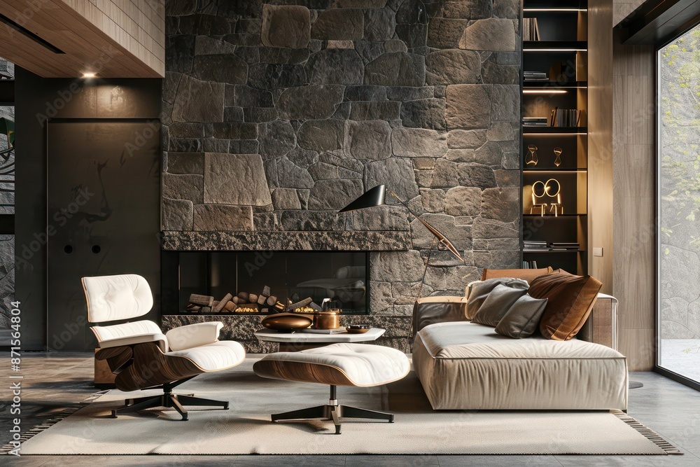 Stylish Modern Living Room: Mid-Century Design with Sofa, Chair by Fireplace in Wild Stone Cladding Wall Stylish Modern Living Room: Mid-Century Design with Sofa, Chair by Fireplace in Wild Stone Cladding Wall