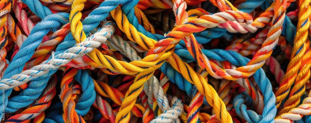A bunch of colorful ropes are tangled together. A bunch of colorful ropes are tangled together.