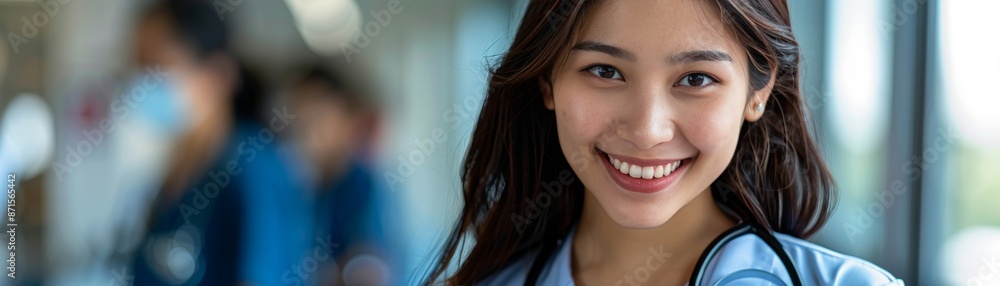 Smiling woman in blue scrubs, looking at camera. Smiling woman in blue scrubs, looking at camera.