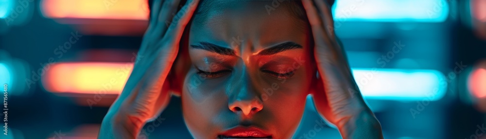 Woman with closed eyes holding her head in pain, colorful background. Woman with closed eyes holding her head in pain, colorful background.