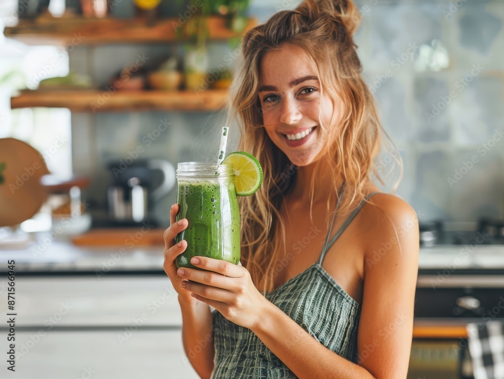 Smiling woman holding a healthy green smoothie in a modern kitchen. Smiling woman holding a healthy green smoothie in a modern kitchen.