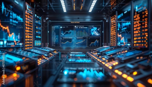 Hologram trading dashboard, floating financial data, ultra-modern office, blue neon lights