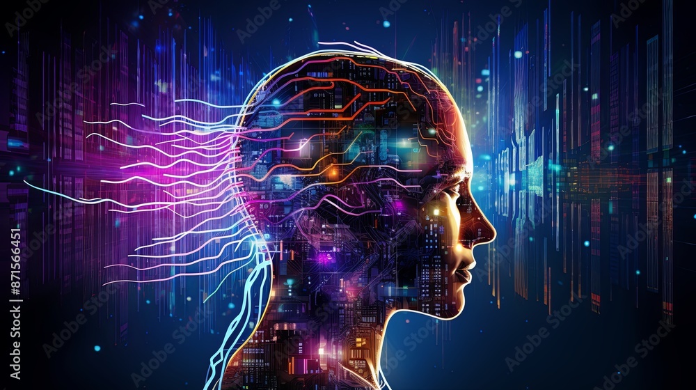 Abstract artwork of human head silhouette with circuit board design Abstract artwork of human head silhouette with circuit board design