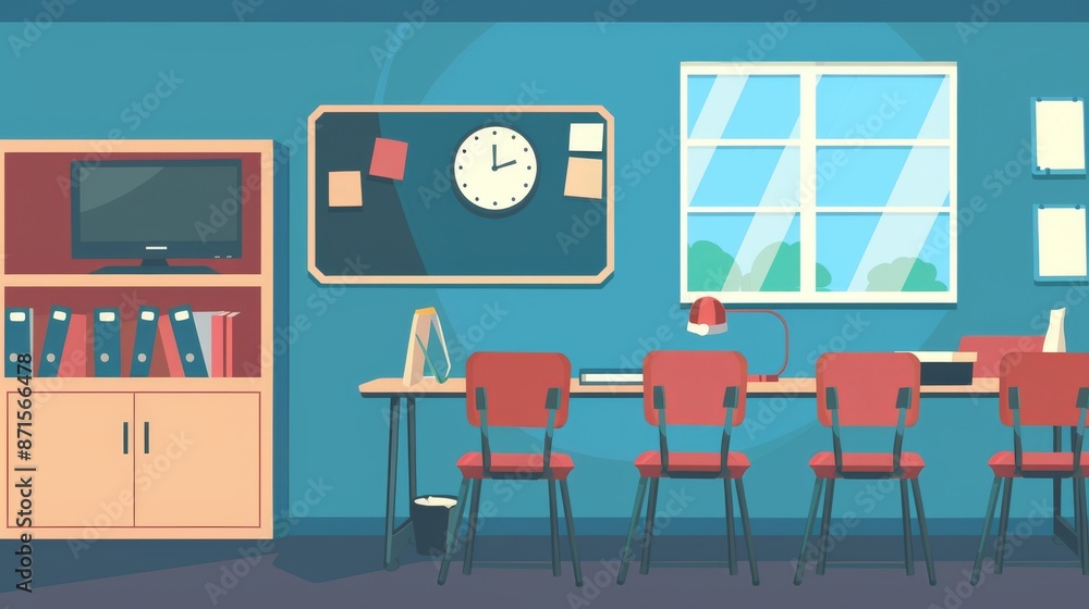 A colorful illustration of a modern classroom setting with desks, chairs, a window, and educational equipment on the walls A colorful illustration of a modern classroom setting with desks, chairs, a window, and educational equipment on the walls