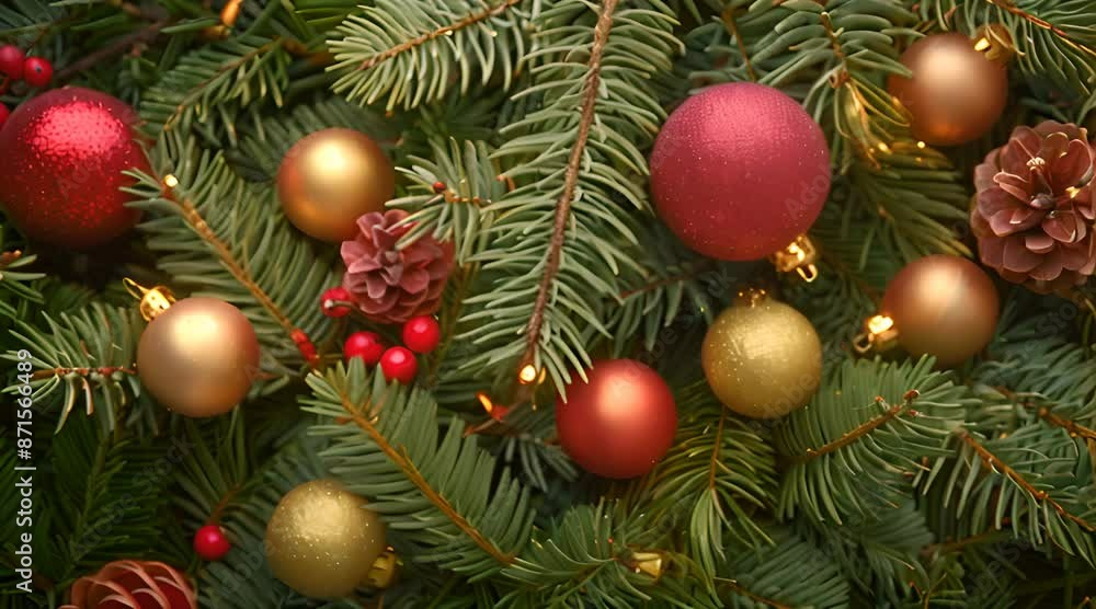 Festive Postcard Background with Fir Branches and Christmas Tree Toys Festive Postcard Background with Fir Branches and Christmas Tree Toys