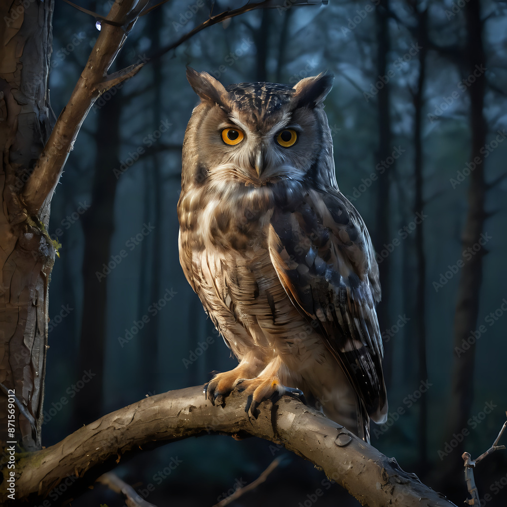 a owl sitting on a branch in the woods a owl sitting on a branch in the woods