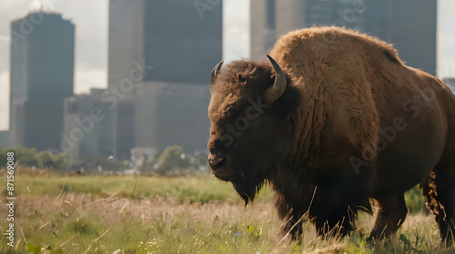 Wallpaper Mural bison standing in a field with a city in the background Torontodigital.ca