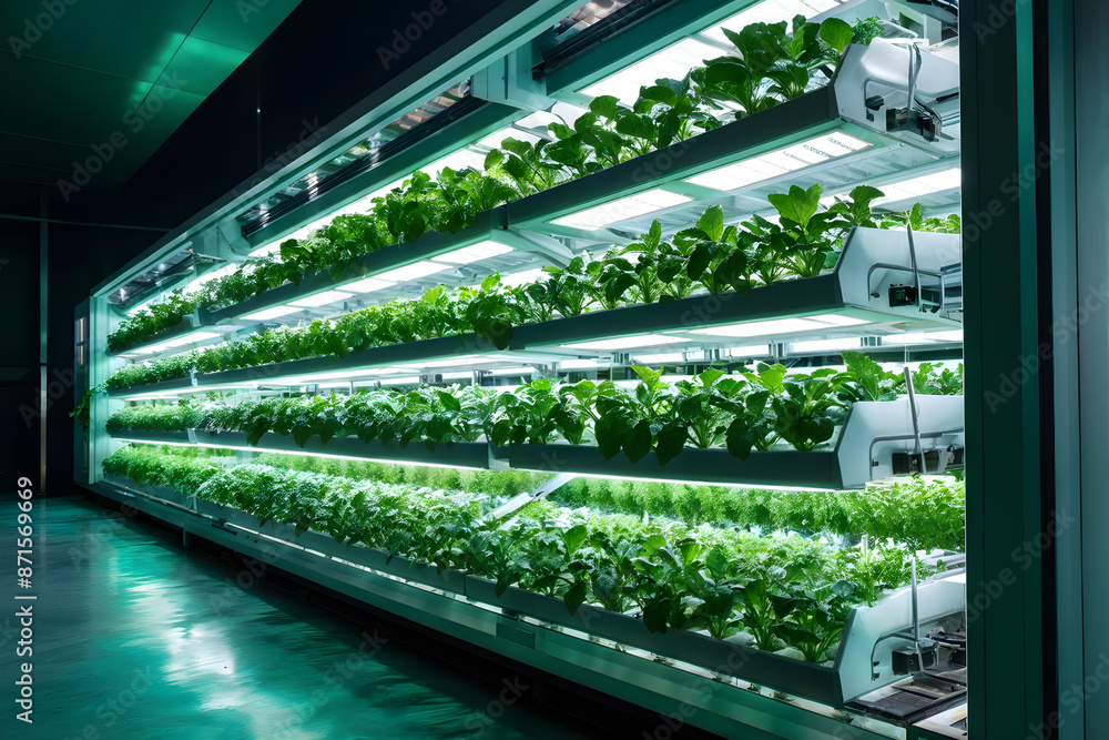 Sustainable indoor vertical farm growing fresh greens under LED lights Sustainable indoor vertical farm growing fresh greens under LED lights