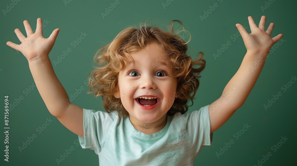 A young boy showing excitement with a muted green background, ample copy space A young boy showing excitement with a muted green background, ample copy space
