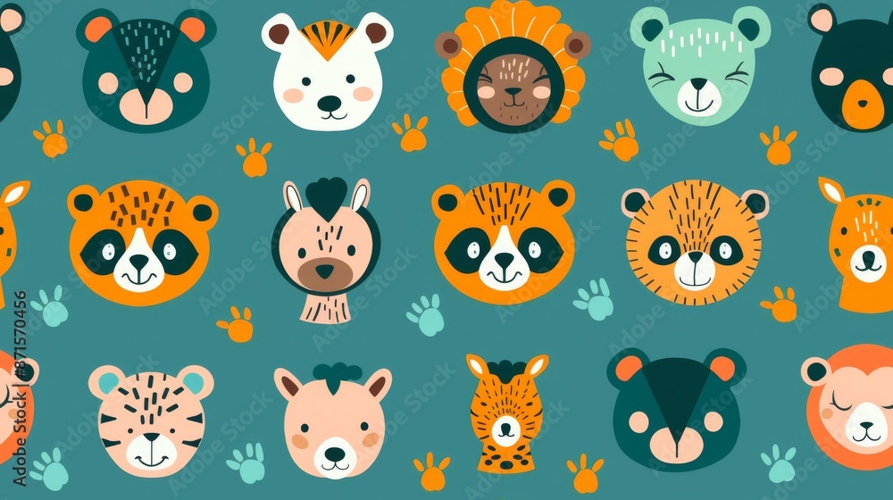 A vibrant pattern featuring cartoon faces of different animals with a playful, child-friendly design Ideal for children's decor or apparel A vibrant pattern featuring cartoon faces of different animals with a playful, child-friendly design Ideal for children's decor or apparel