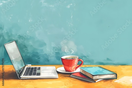Minimalist illustration of a students desk with a colorful cup of coffee and a laptop open on a textbook