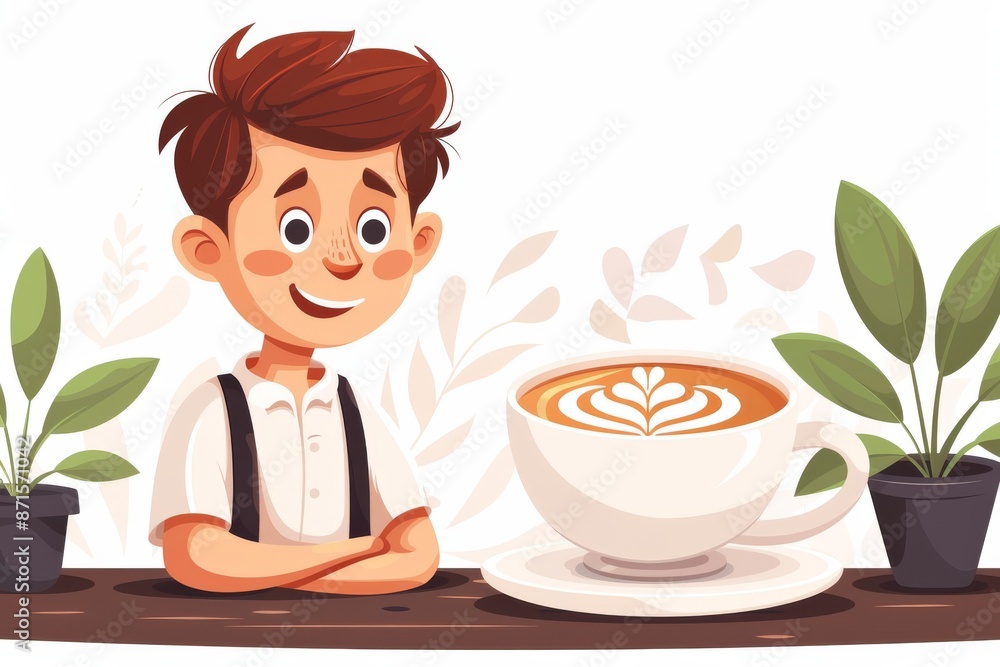 Playful illustration of a young barista enjoying making coffee in a lively setting Playful illustration of a young barista enjoying making coffee in a lively setting