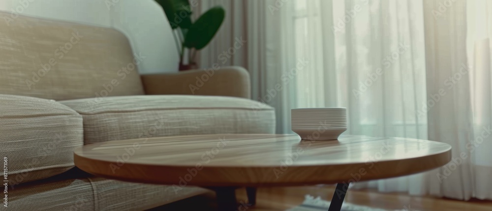 Minimalist living room interior with sofa, coffee table, and plant. AI. Minimalist living room interior with sofa, coffee table, and plant. AI.