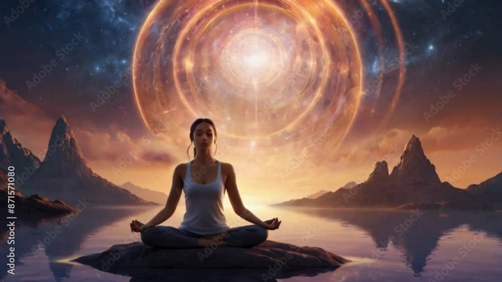 Woman Meditating with a Bright Light and Cosmic Pattern Behind Her Woman Meditating with a Bright Light and Cosmic Pattern Behind Her