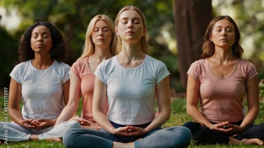 Diverse Group of Women Meditating Outdoors in a Park Diverse Group of Women Meditating Outdoors in a Park