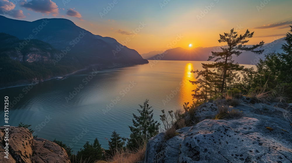 Naklejka premium As the sun sets, the sky and mountains are immersed in a palette of warm colors. A stunning sight where orange, red and purple shades blend harmoniously with the darkening mountain peaks.