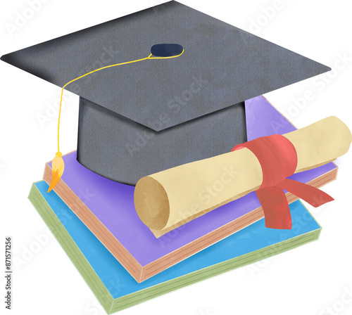 graduation cap with diploma and stack of books watercolor illustration 