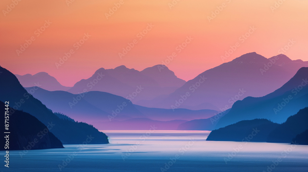 Fototapeta premium As the sun sets, the sky and mountains are immersed in a palette of warm colors. A stunning sight where orange, red and purple shades blend harmoniously with the darkening mountain peaks.
