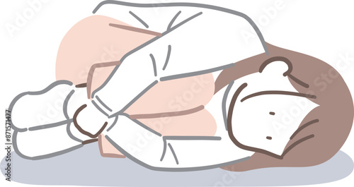 足を抱えたまま横になって考え事をしている女性のイラスト素材