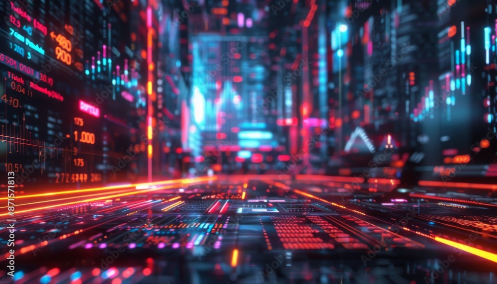 Digital finance overview, transparent holographic screens, modern technology, neon-lit data, stock analysis Digital finance overview, transparent holographic screens, modern technology, neon-lit data, stock analysis