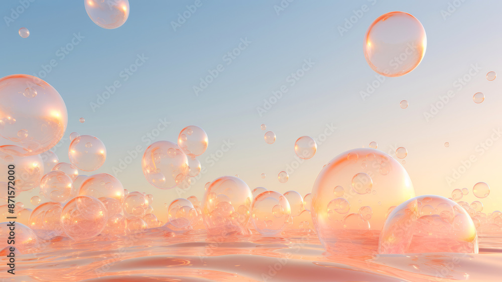 Transparent bubbles floating over a reflective surface at sunset Transparent bubbles floating over a reflective surface at sunset