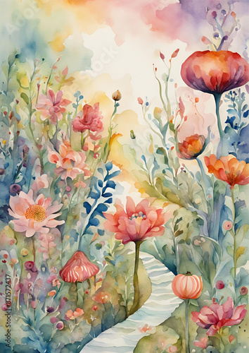 Watercolor Collage of Vibrant Blooming Flowers