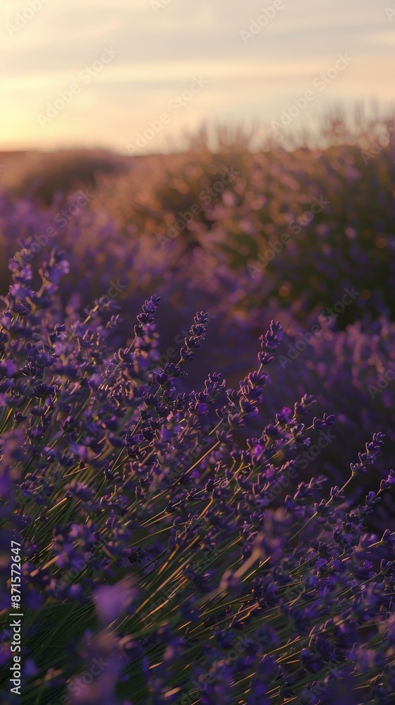 Obraz premium Close-up of lavender flowers in a field at sunset. AI.