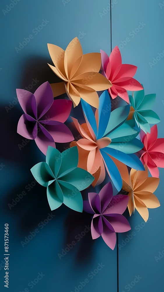 Colorful paper flowers on blue background 3d render illustration Colorful paper flowers on blue background 3d render illustration