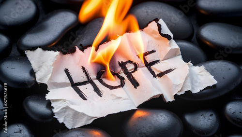 a burning piece of paper near black stones represents lost hope