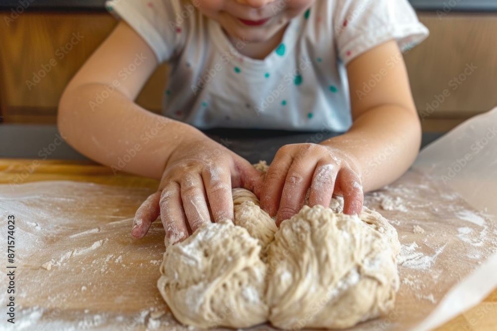 Little girl kneading dough on a wooden table AI. Little girl kneading dough on a wooden table AI.