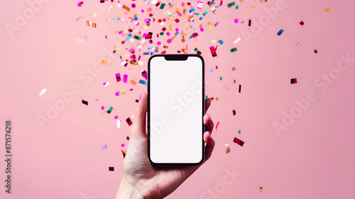 Female hand holding smartphone  with blank screnn and colorful confetti. Party, selebration background photo