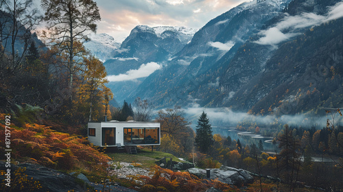 A modern wooden house with panoramic windows in the middle of a breathtaking autumn mountain landscape