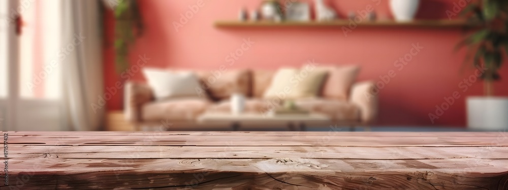 Empty wooden table with pink living room blured background. Banner with space for your text. Empty wooden table with pink living room blured background. Banner with space for your text.