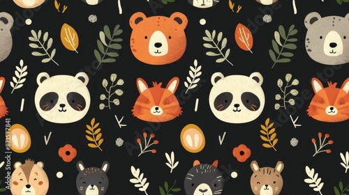 This image features a repeating pattern of adorable illustrated animals on a dark backdrop, interspersed with foliage and flowers