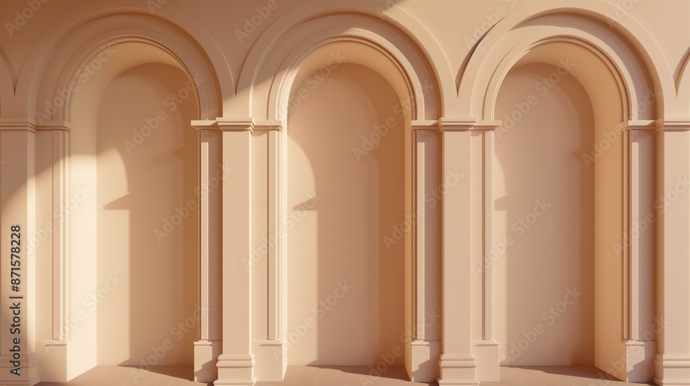 Arched entrance, three pedestals, light beige backdrop, and warm lighting.
Arched entrance, three pedestals, light beige backdrop, and warm lighting.