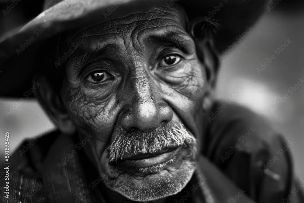 Close-Up Black and White Portrait of a Middle-Aged Mexican Man Wearing a Traditional Hat Close-Up Black and White Portrait of a Middle-Aged Mexican Man Wearing a Traditional Hat