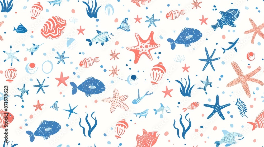 Seamless pattern featuring various marine life forms such as fish, starfish, and corals in a playful and vibrant color palette Seamless pattern featuring various marine life forms such as fish, starfish, and corals in a playful and vibrant color palette
