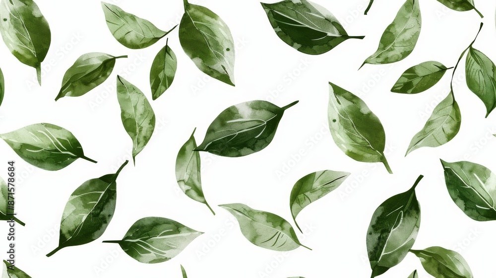 A seamless pattern of vibrant green leaves scattered across a pure white backdrop, suggesting freshness and nature A seamless pattern of vibrant green leaves scattered across a pure white backdrop, suggesting freshness and nature