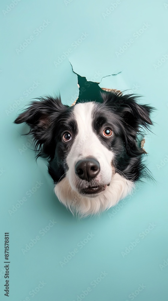 Border Collie head peeking out from a hole of bread, front side, editorial photography, on pastel color background Border Collie head peeking out from a hole of bread, front side, editorial photography, on pastel color background