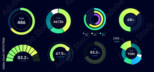 set of colorful cool pie chart, green visual chart.