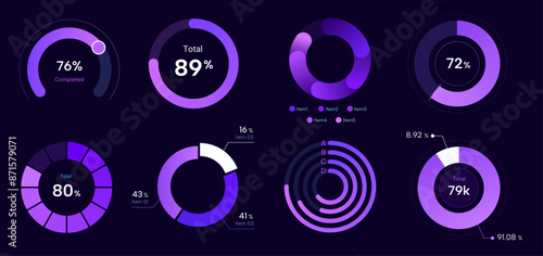 set of violet cool pie chart. purple visual percent ring chart.