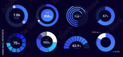 set of blue cool pie chart. technology visual chart.