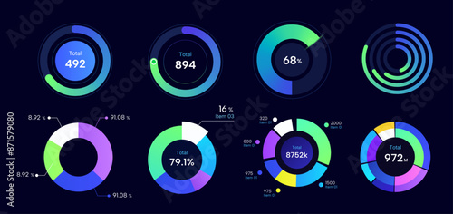 set of colorful cool pie chart in dark background.