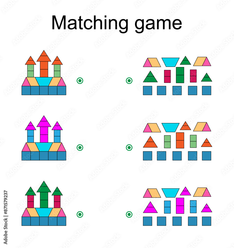 Fototapeta premium Matching game for kids. Find the correct color of cartoon fortress and match.