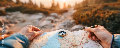 Backpacker planning a route with a map and compass, freedom, adventure planning and exploration photo