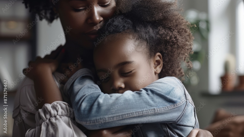Fototapeta premium Worried Parent. Moment: Mother Embracing Her Child with Love and Comfort on a Cozy Couch